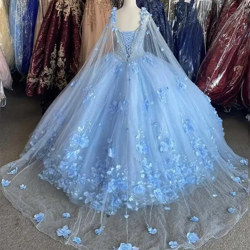 Strap Light Blue Quinceanera Dresses For 15 Party Fashion 3D Flower Lace Applique Luxury Princess Birthday Gowns