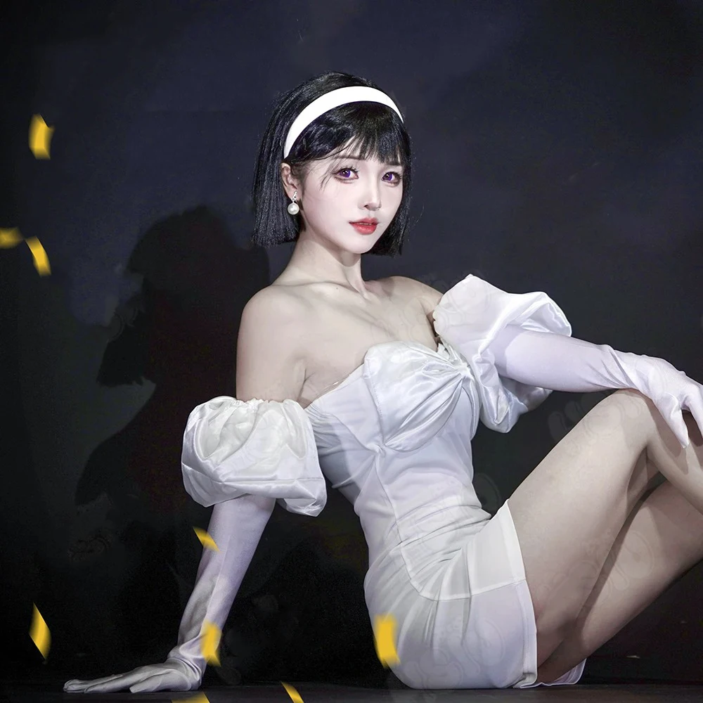 ملابس أنيمي المرحلة تأثيري حلي فستان أبيض مثير المرأة كاملة