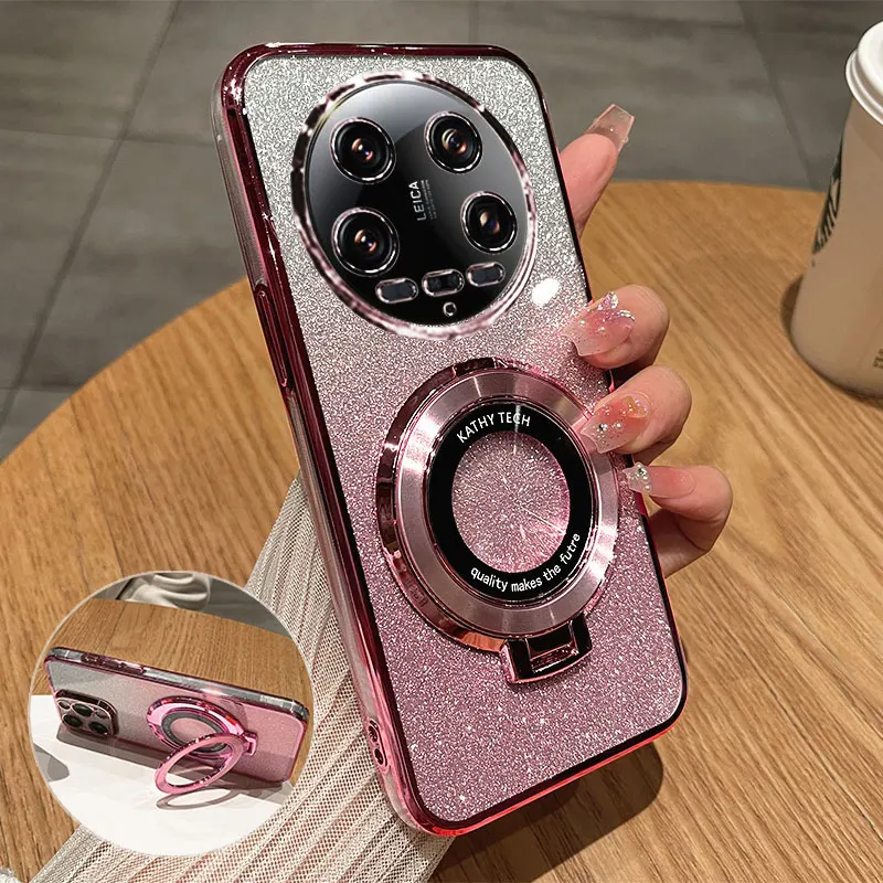 Mi 14 Ultra 5G Case With Ring Magnetic Bracket,Luxury Glitter Cover For Xiaomi 14 Ultra 13T Pro Case Luxury with Holder 14ultra