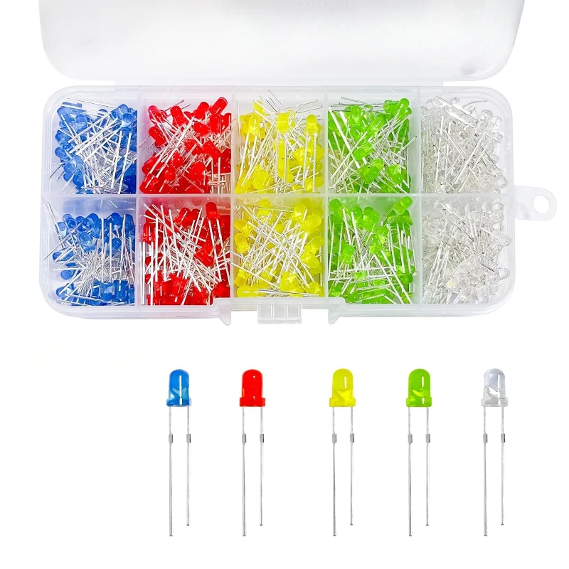 500pcs LED Round Light Emitting Diodes 5Values 3mm Multicolor Circuit Assorted kit (Red/Green/Yellow/White/Blue Each 100PCS)