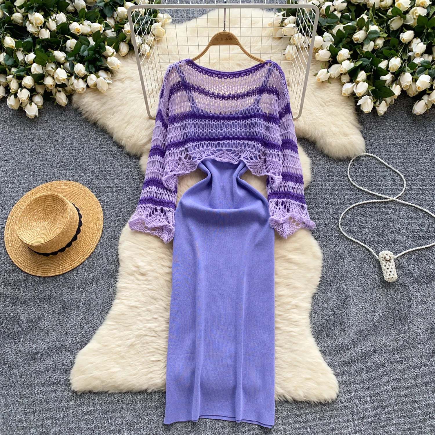 Sexy cut out Striped lool sleeve Knit Two Pieces Sets Chic Top with slip dresses Casual Beach Vacation Sets