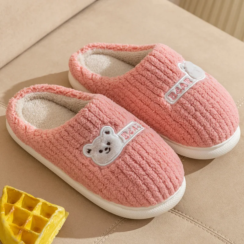 2024 Winter New Hot Selling Cotton Slippers Indoor Home Anti slip Couple Slippers Solid Color Plush Bear Slippers