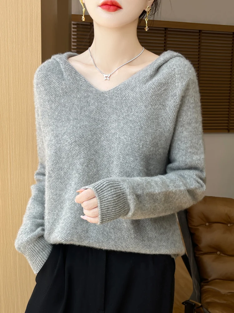 Autumn Winter Women Hooded Pullovers Casual Loose Style Cashmere Sweater 100% Merino Wool Knitwear Thick Soft Warm Clothing