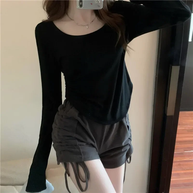Col carré à manches longues T-Shirt femmes printemps automne nouveau ourlet irrégulier mince haut décontracté hiver solide bas chemises nouveau coréen