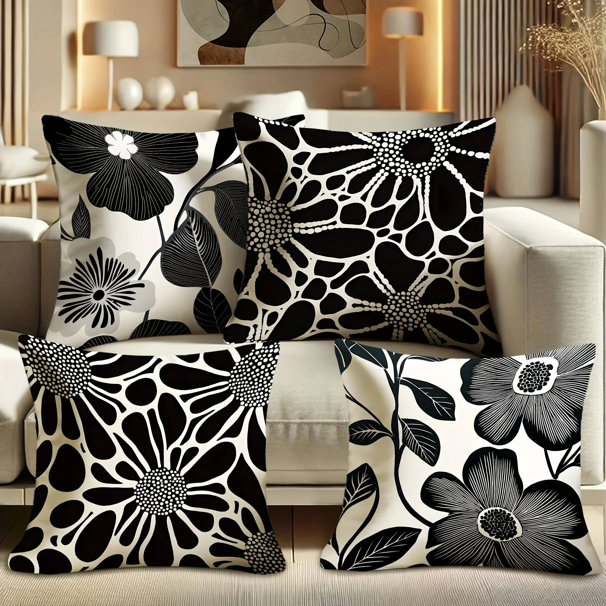 4 fundas de cojines florales: decoración botánica moderna con cierre de cremallera, fundas de almohada de poliéster suave en negro y gris para Living Roo