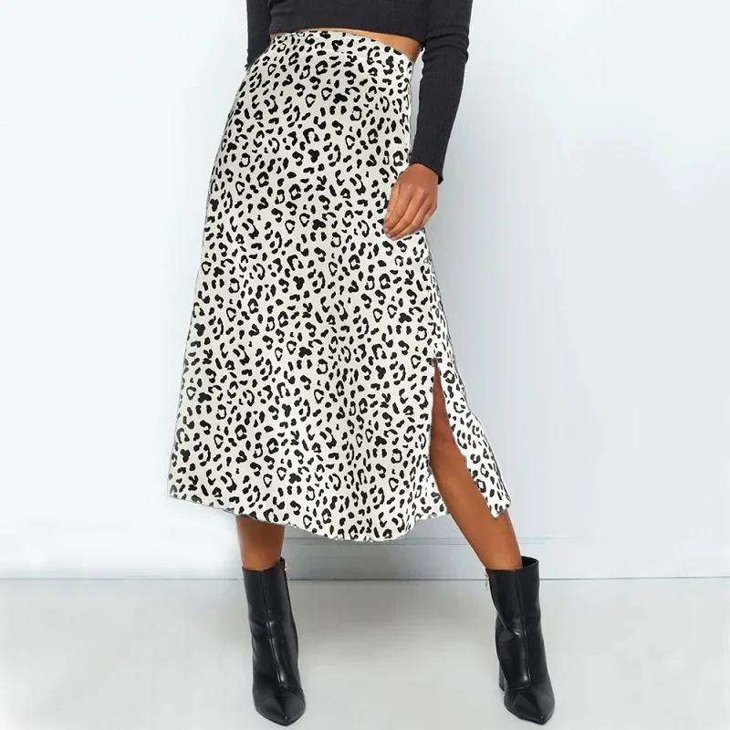 Summer women vintage elegant beach midi boho skirt 2024 Women Leopard print split sexy zip skirts womens Casual skirts female