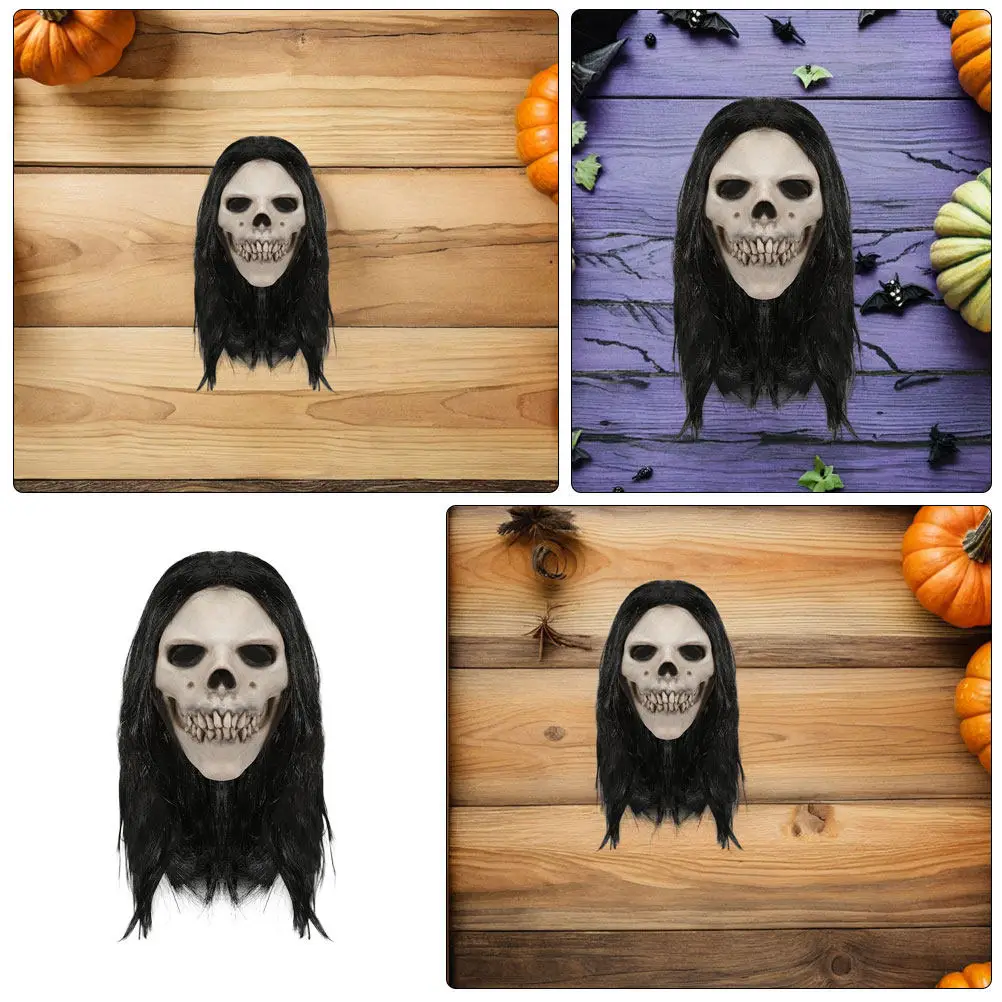 Realistic Latex Skull Mask Full Head Face Cover with Hair Detailed Comfortable Halloween Cosplay Costume
