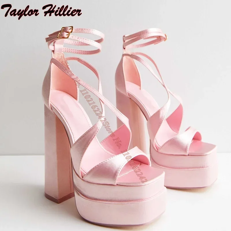 

Summer Pink Double-Layer Platform High Heels Square Toe Buckle Strap Thick Heel Wedding Shoes Fashion Dress Elegant Women'S Shoe