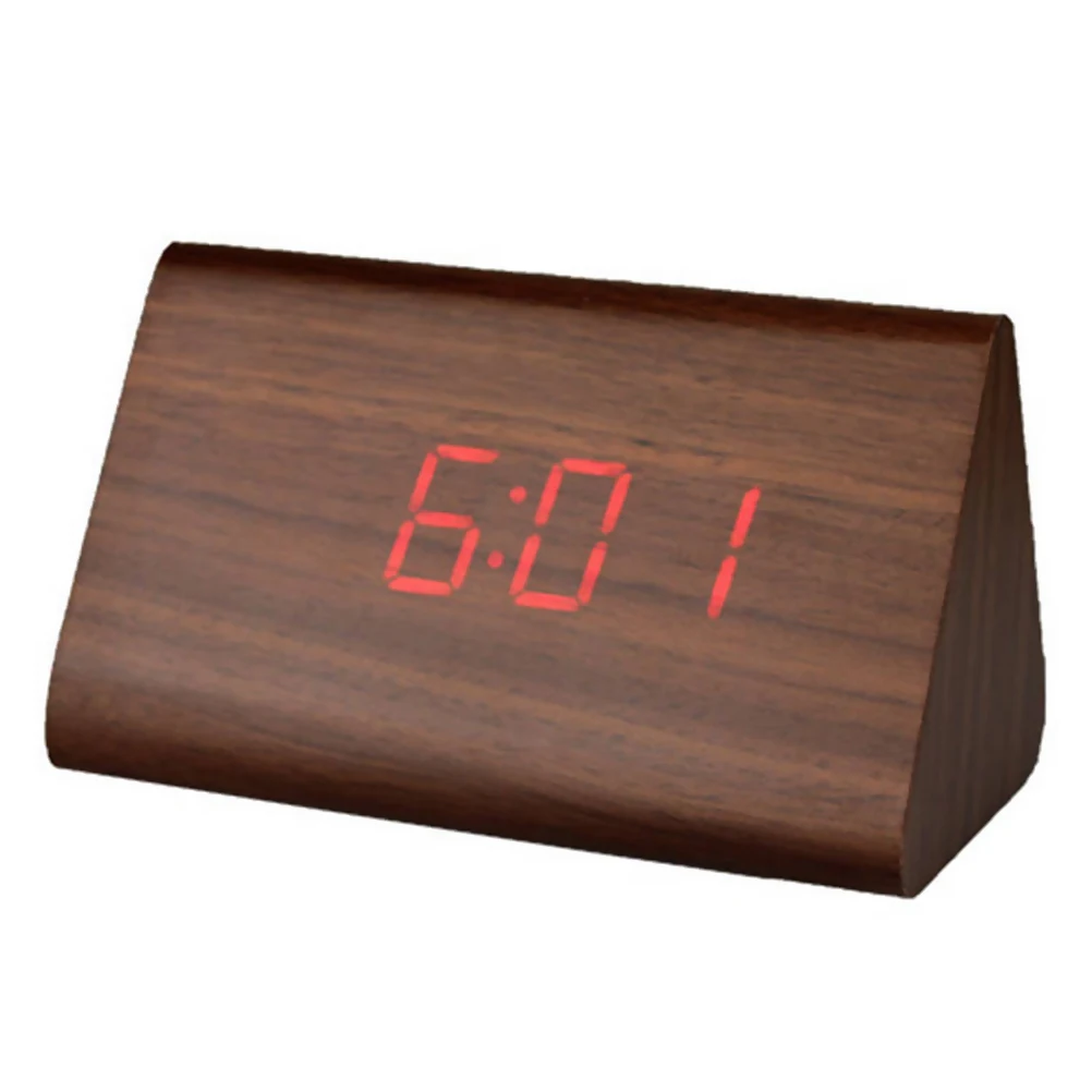 

Triangle LED Wooden Alarm Clock Brown Wood Red Light Multifunctional Digital Display Indoor Temperature Desk Clock