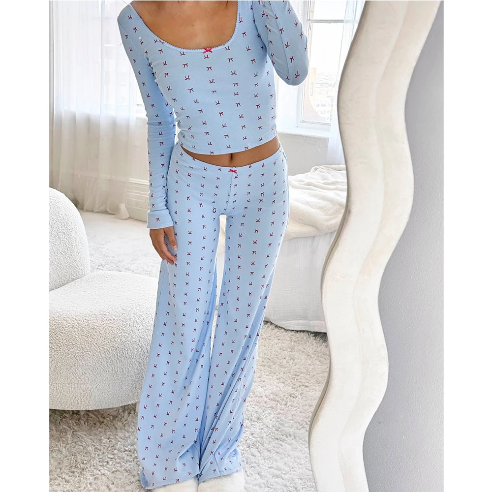 2Pcs Loungewear Sets for Women,Soft Fitted Long Sleeve Crop Top and Pants,Christmas Pajama Set, Cute Sleepwear