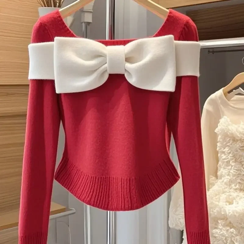 Korejepo Small Fragrant Style Top Autumn Winter Korean Wear Lazy Style High End Pullover Thin Red Bow Knitted Sweater Women