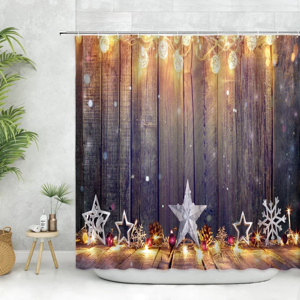 Christmas Shower Curtain Fabric Pine Branch Xmas Ball Pentagram on Blue Wooden Board Farm Farmhouse Decor Bathroom Accessory Set