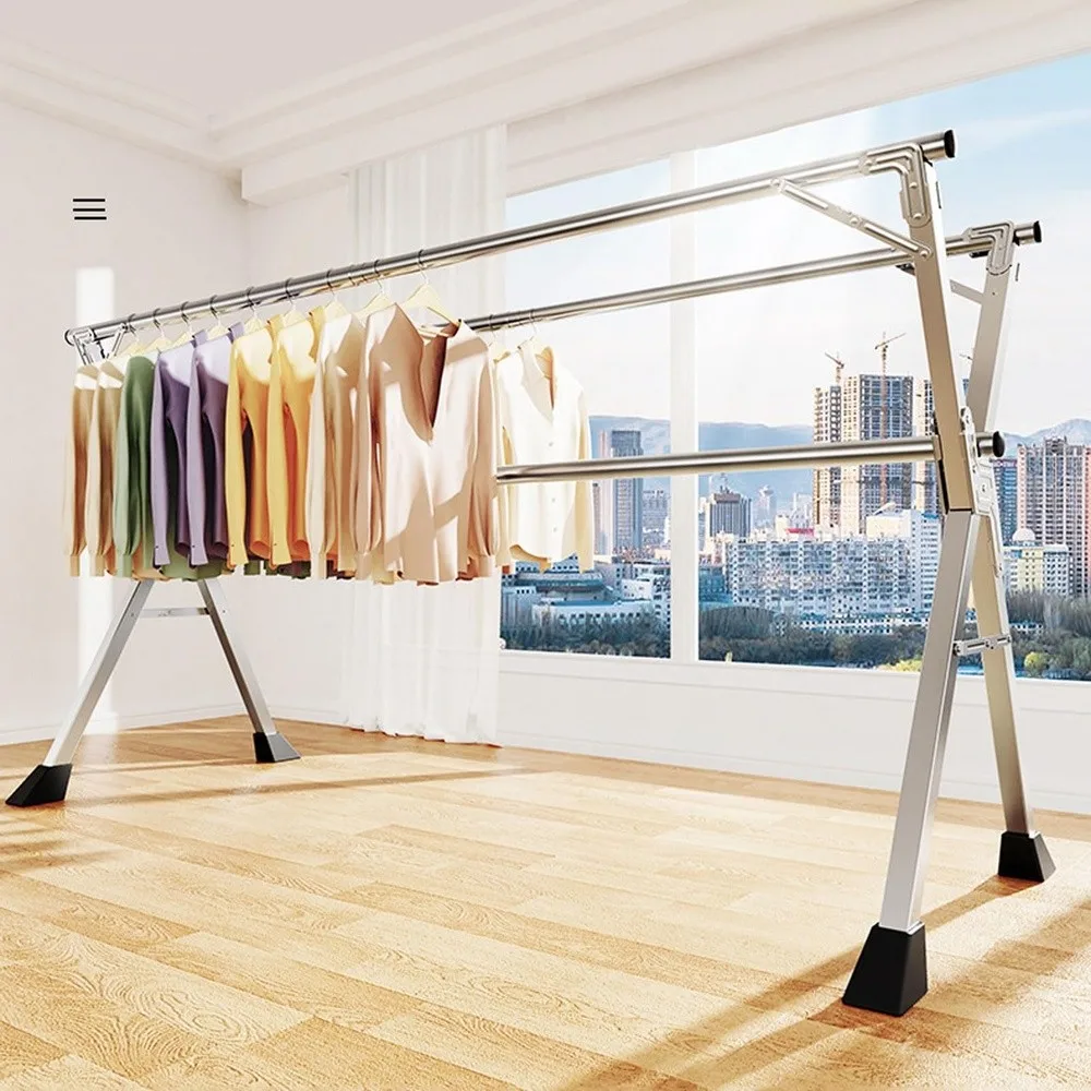 X Shaped Floor Standing Clothes Hanger Folding Telescopic Clothes Drying Rack Set Up Stalls and Hangers Foldable and