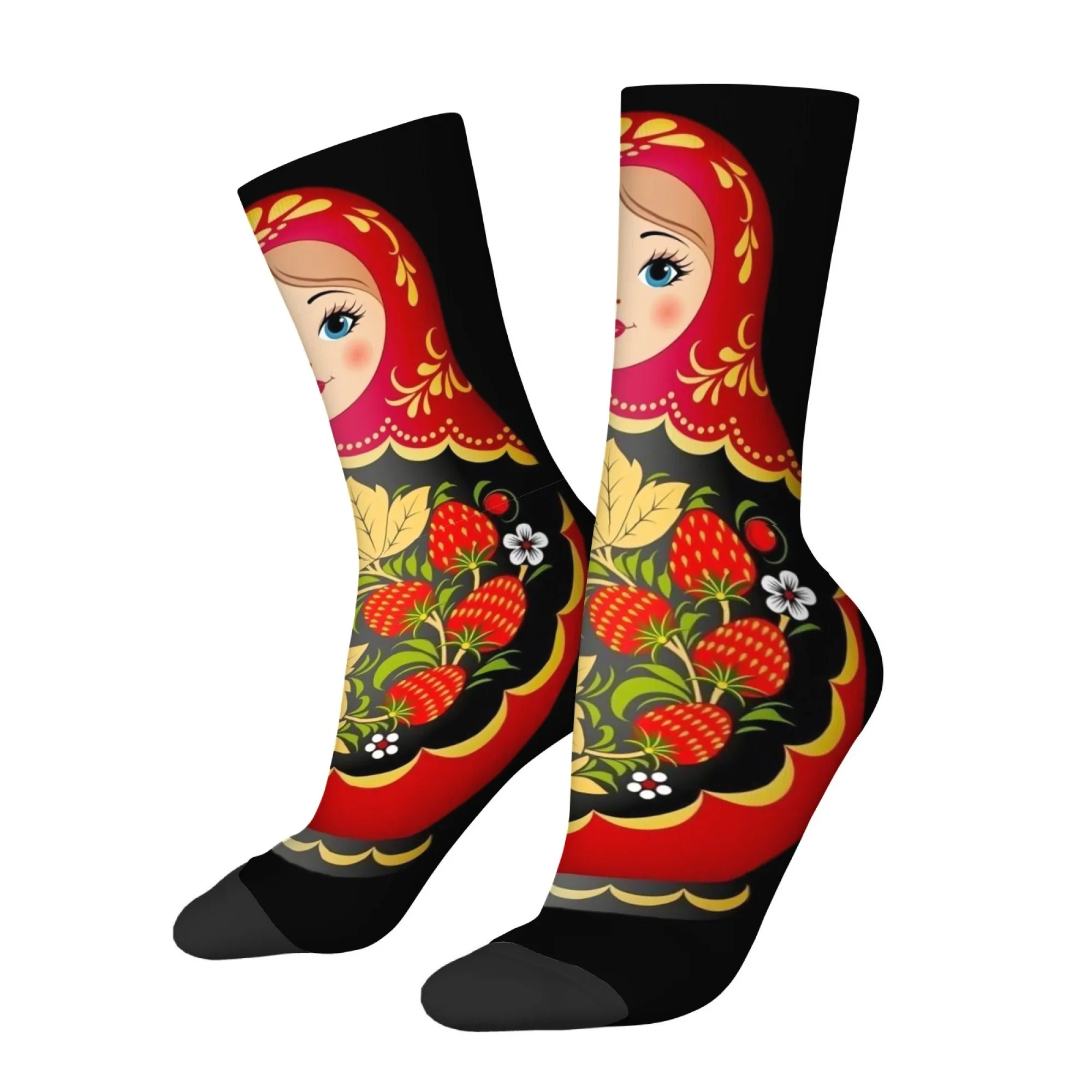 Exotic Folk Style Socks Russian Nesting Doll Print Men's Mid-calf Socks Khokhloma Painting for Holiday Parties Street Style