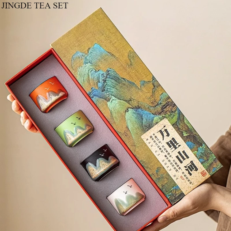 Chinese Style Remote Mountain Hand-painted High-end Ceramic Tea Cup, Master Cup Gift, Tea Set Gift Box 4PCS/SET