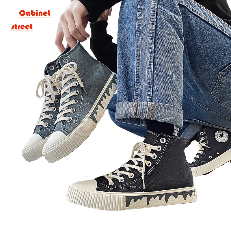 

New Men's Canvas Casual Shoes Breathable Flat Heel Graffiti High Top Round Head Leisure Water Dyed Old Vulcanized Men Sneakers