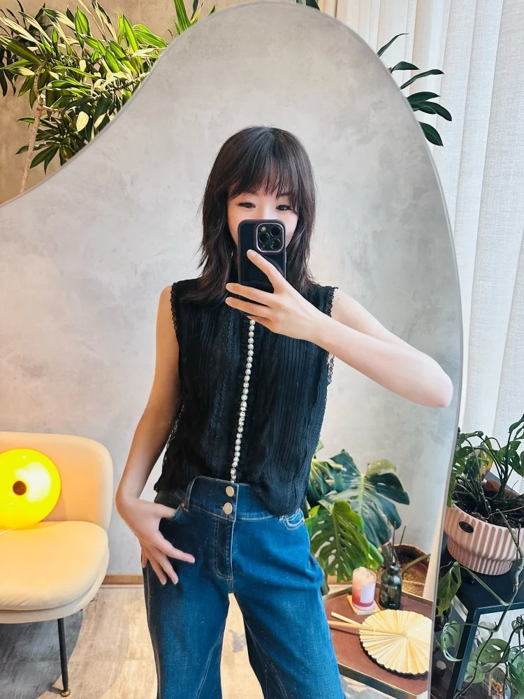 

AO Pure Original Fashionable Black Silk Sleeveless Shirt Heavy Embroidery Stand Collar Casual Style Women's Top