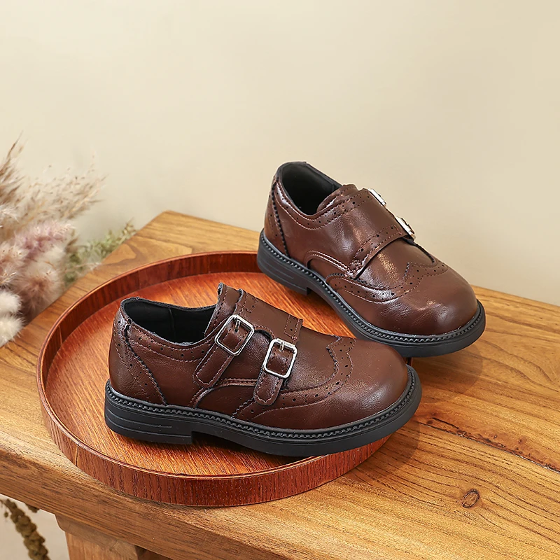 YUYIN Children Boy Retro Leather Shoes Rubber Soft Anti-Slip Flat Sole Fashion Casual Comfortable Lightweight Walking Shoes