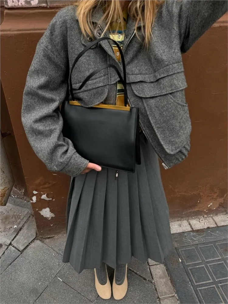 

Autumn And Winter New Zipper Pocket Top Loose Tweed Coat Women's Fashion Herringzone Stand-up Collar Long-sleeved Jacket Tops