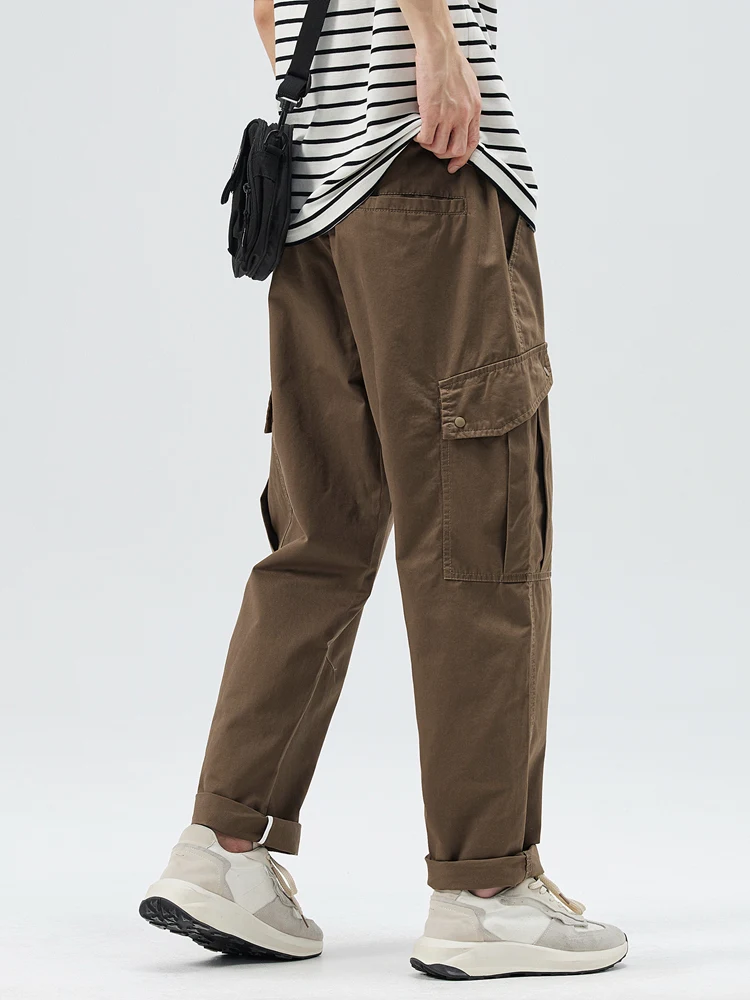 

2024 New Spring Summer Men Straight Cargo Pants Multi-Pockets Drawstring Waist Cotton Casual Pants Male Loose Cargo Trousers