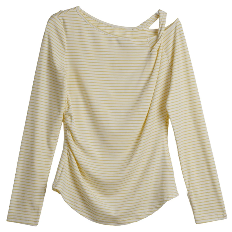 Olrain feminino listrado topos 2026 primavera estilo francês oco para fora senhoras camisetas casual fino ajuste dobras camisetas femininas o58ct003055