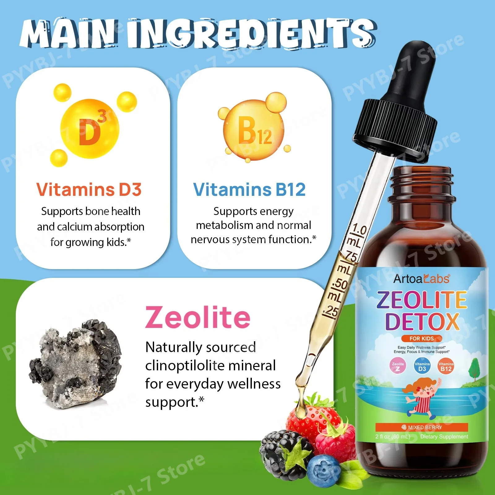 Kids Zeolite Detox Liquid Drops Clinoptilolite Zeolite Supplement with Vitamin D3 B12, for Bone Health Energy Support 2 Fl Oz