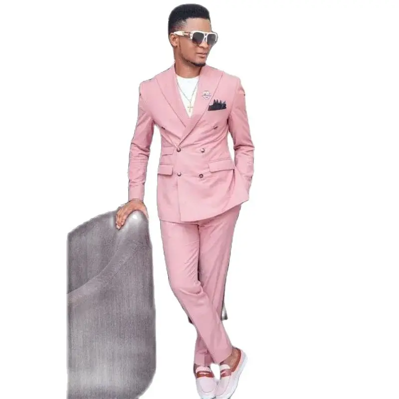 Double Breasted Pink Wedding Men's Suits Bespoke Peak Lapel Blazer High End Business Terno Elegant 2 Piece Jacket Pants Set