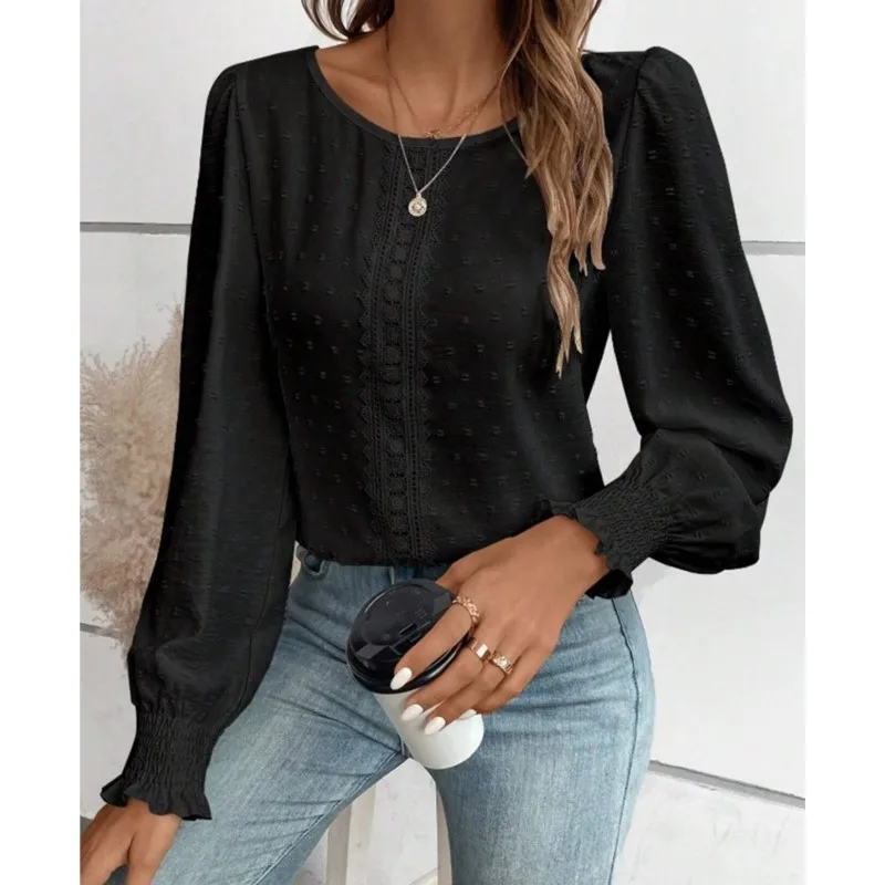 

2025 новый стиль, летняя женская рубашка с круглым вырезом, кружевные брюки из плитки без лацканов, повседневная однотонная блузка для женщин