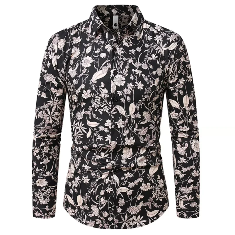 رجل طويل الأكمام الأزهار قمصان جديدة خمر القطن قمصان طويلة الأكمام هاوايان الفقرة Hombres الرجال عطلة فستان الحفلات قميص 6XL #1