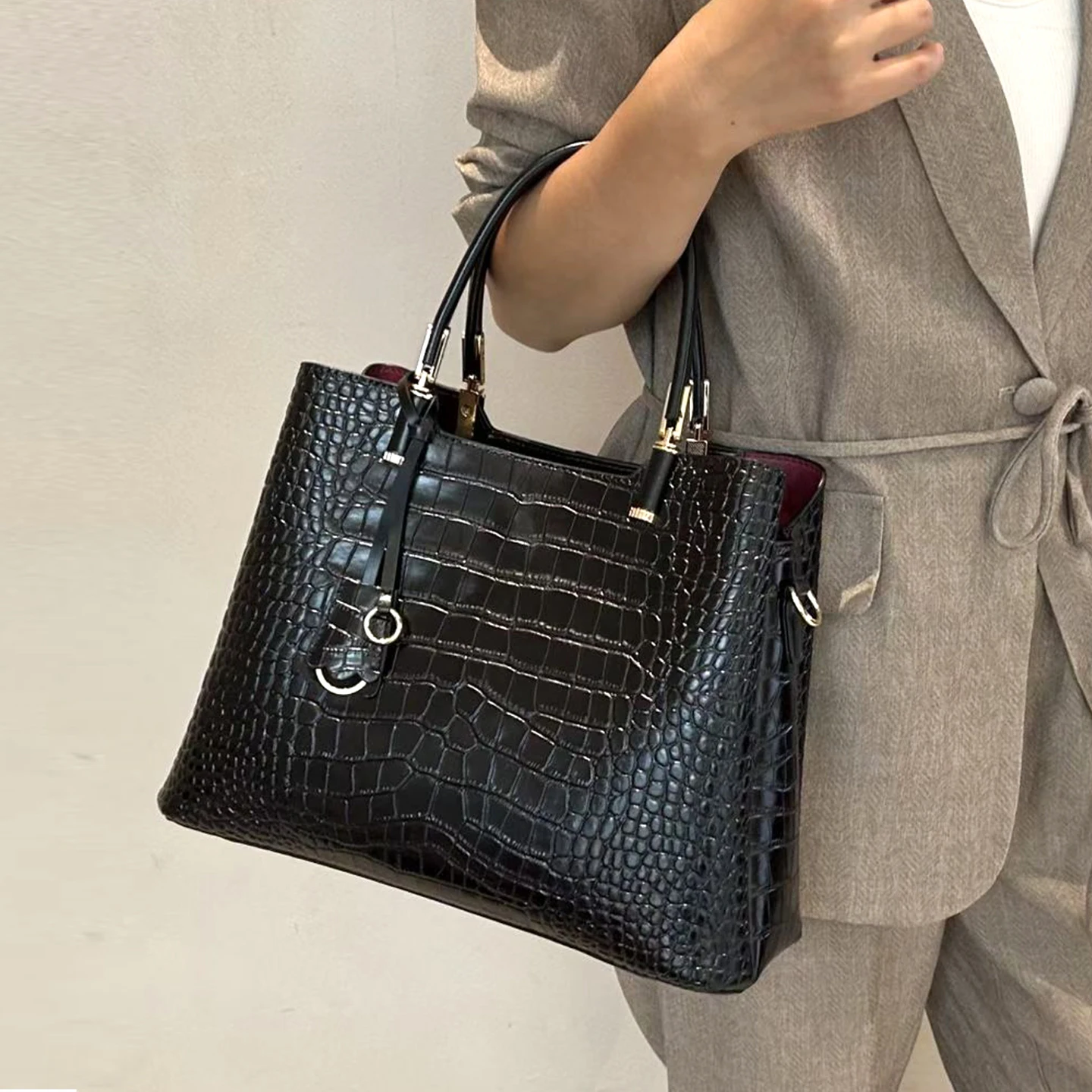 Women Genuine Leather Handbag Fashion Crocodile Pattern Shoulder Bag Large Capacity Female Cow Split Leather Crossbody Tote