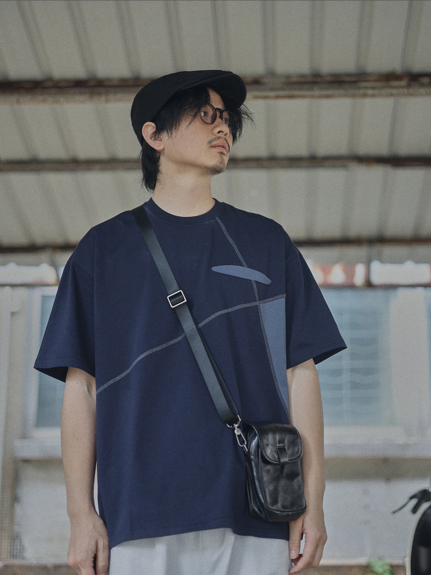 

Men's Casual Cotton T-shirt Short Sleeve Washed Sweat Absorbent Sporty Trendy Youth Design Split Line Color Block T-shirt