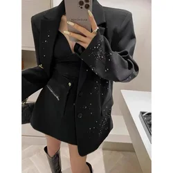 Blazer nero primavera autunno giacca da abito con borchie di diamanti sciolti di seta lucida per le donne cappotto con cintura in vita con diamanti per unghie