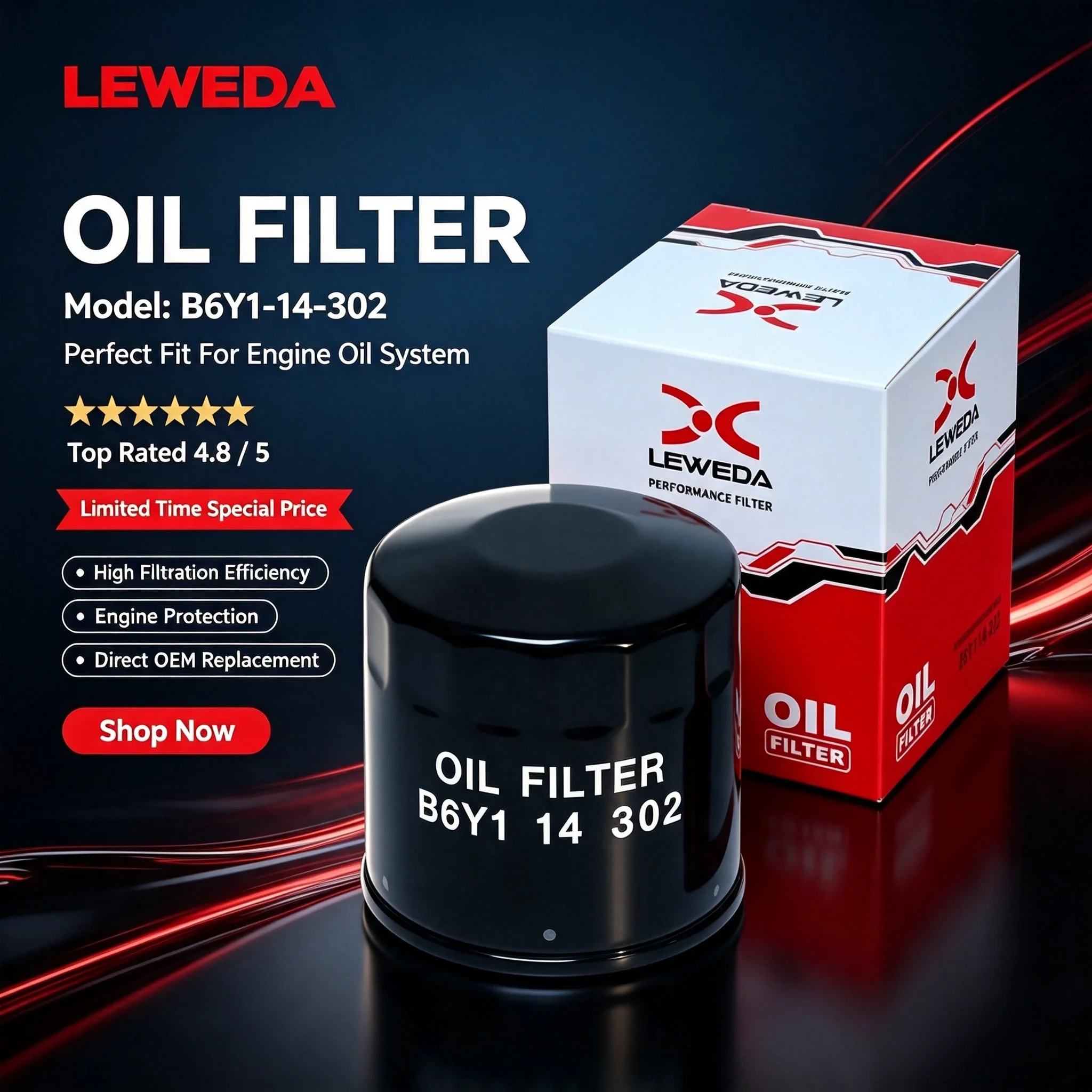 Leweda Spin On Oil Filter B6Y1-14-302 for Mazda MX-5 Nissan Sylphy Subaru Hyundai Kia Replaces 1WPE14302 B6Y114302A PE0114302A