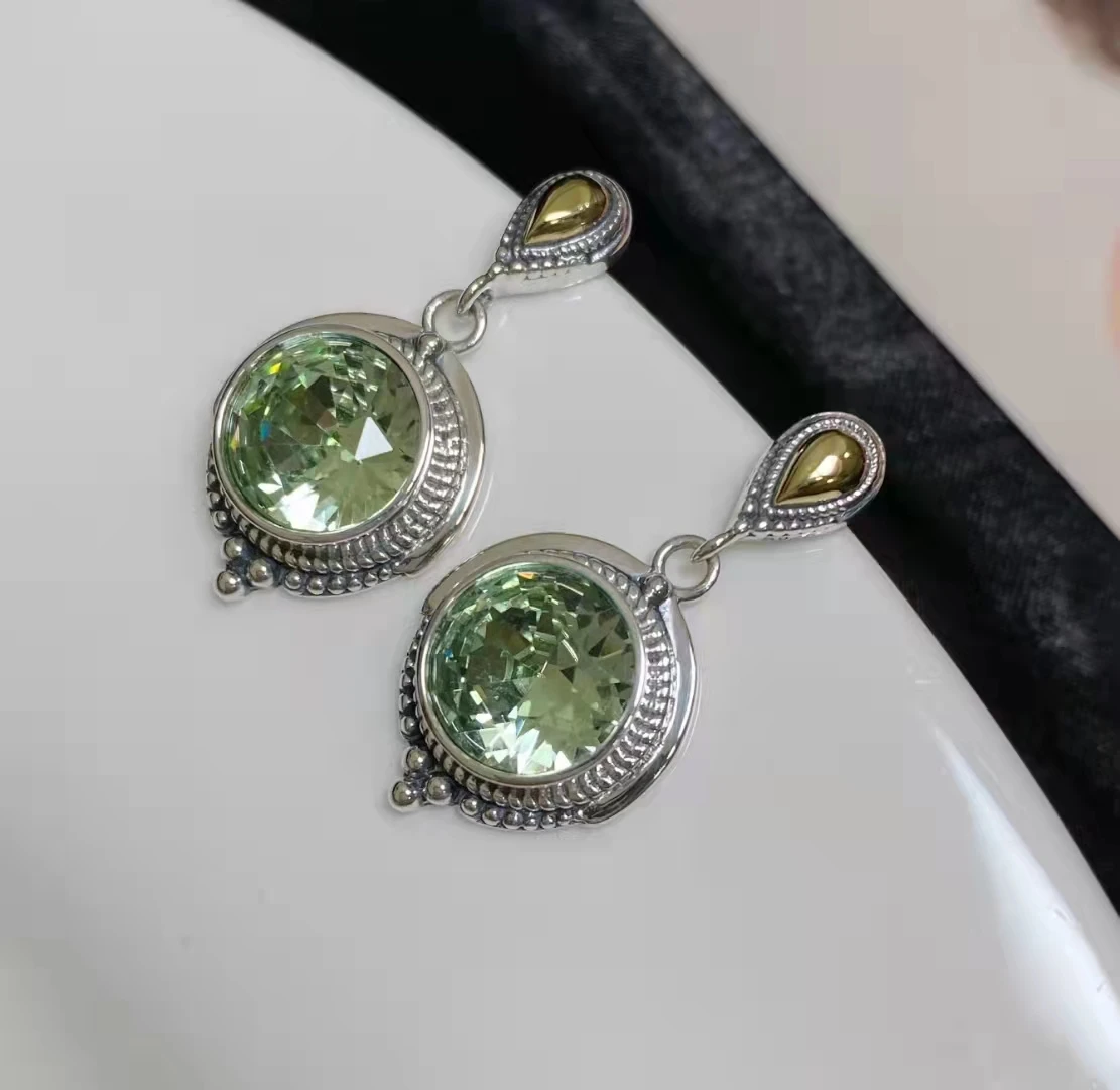 

New 925 Sterling Silver Vintage Engraved Super Flash Dongzhou Crystal Earrings Women Statement Fashion