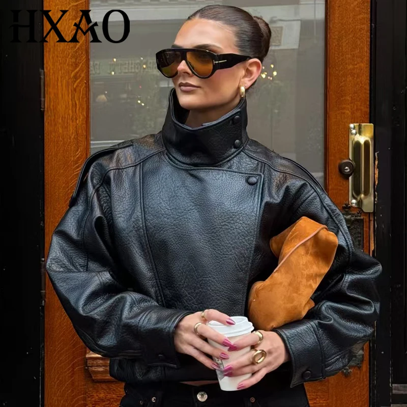 

HXAO 2025 Women's Asymmetric Pu Leather Jackets Autumn Winter New In Coats & Jackets Black Button Long Sleeve Zip Up Outerwears