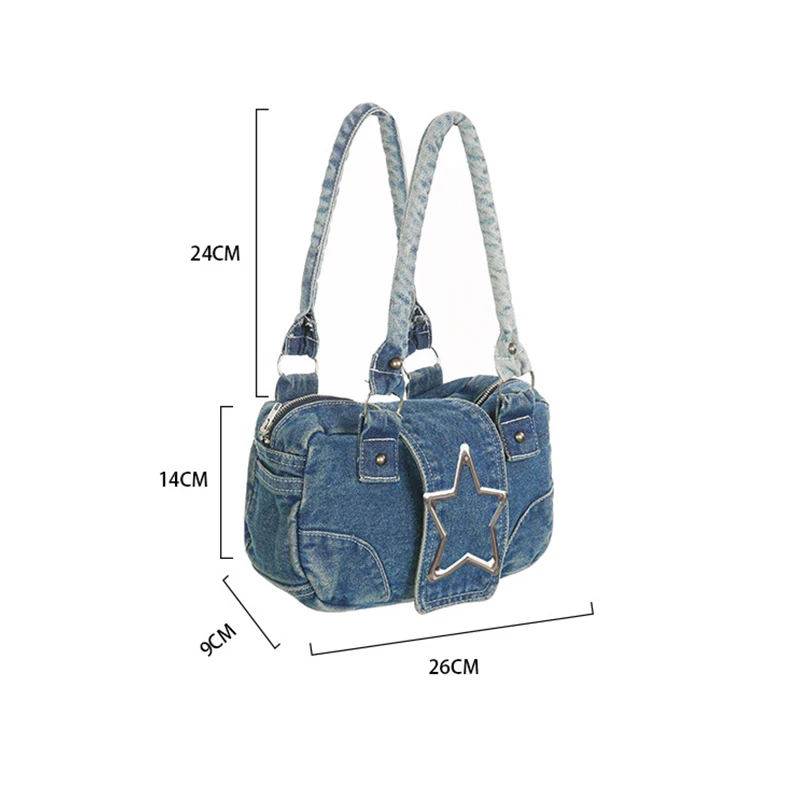 Y2k Star Handbag For Personality Women Large Capacity Fashion Vintage Denim Shoulder Bags High Quality Metal Star Square Bag