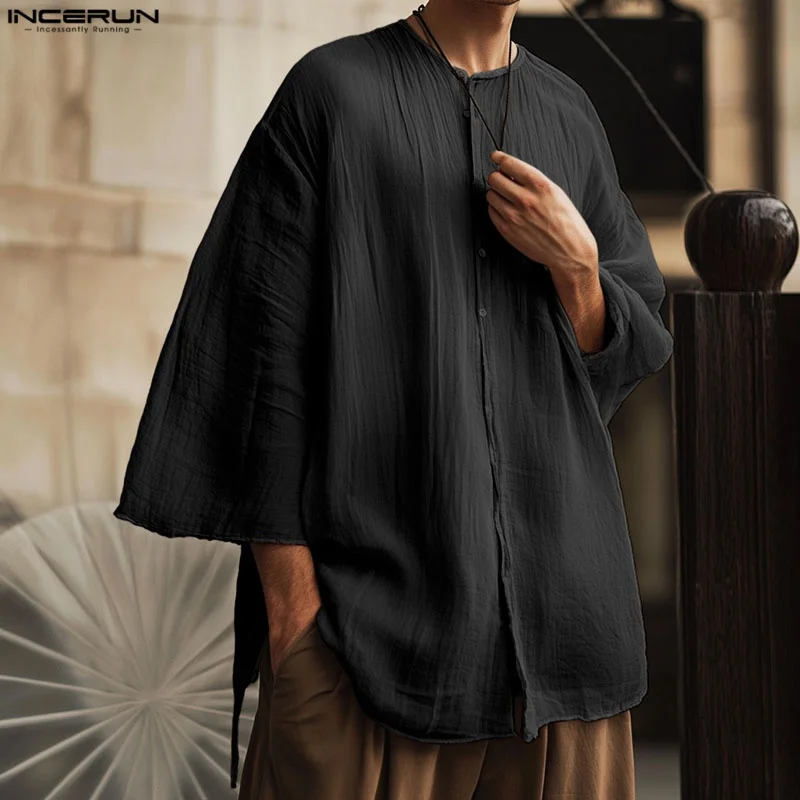 

Men Shirt Solid Color O-neck 3/4 Sleeve Oversize Casual Men Clothing Streetwear Vintage 2025 Tops INCERUN Male Shirts S-5XL