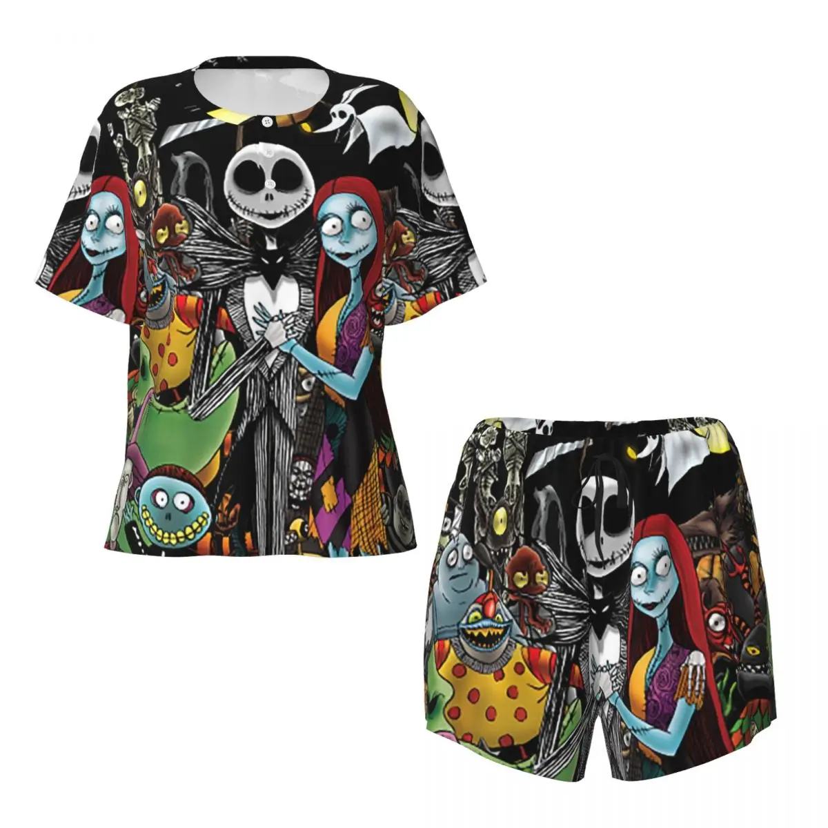 Women's Horror Movie Tim Burton Christmas Pajamas Set Custom Print Short Sleeve Halloween Skull Jack Sleepwear 2 Piece Sets