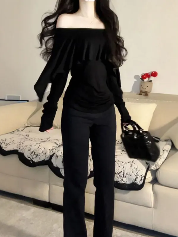 

Gentle Sle Long Sve Slim Fit T-irt with Lace Trim One oulder Design Autumn Faion Women's Top Ele Simple Color