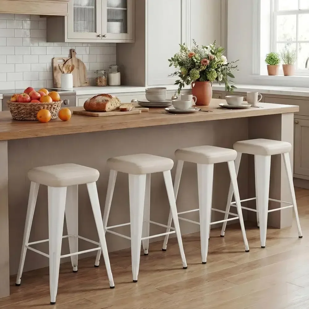 

Set of 4 24 Upholstered Back Counter Height Bar Stools with Metal Legs in White Leatherette Kitchen Stools