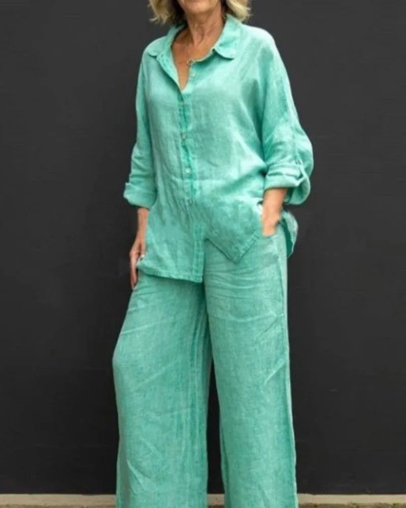 Women OutfitsB Casual Cotton Linen Two Pieces Set Women Autumn Long Sleeve Shirt Trousers Set Fashion Solid Straight Pants Suits