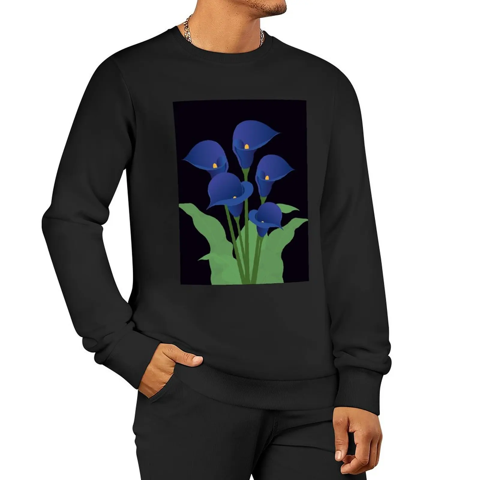 Saturated blue colour calla lily bouquet on black background Pullover Hoodie korean autumn clothes oversize sweatshirts