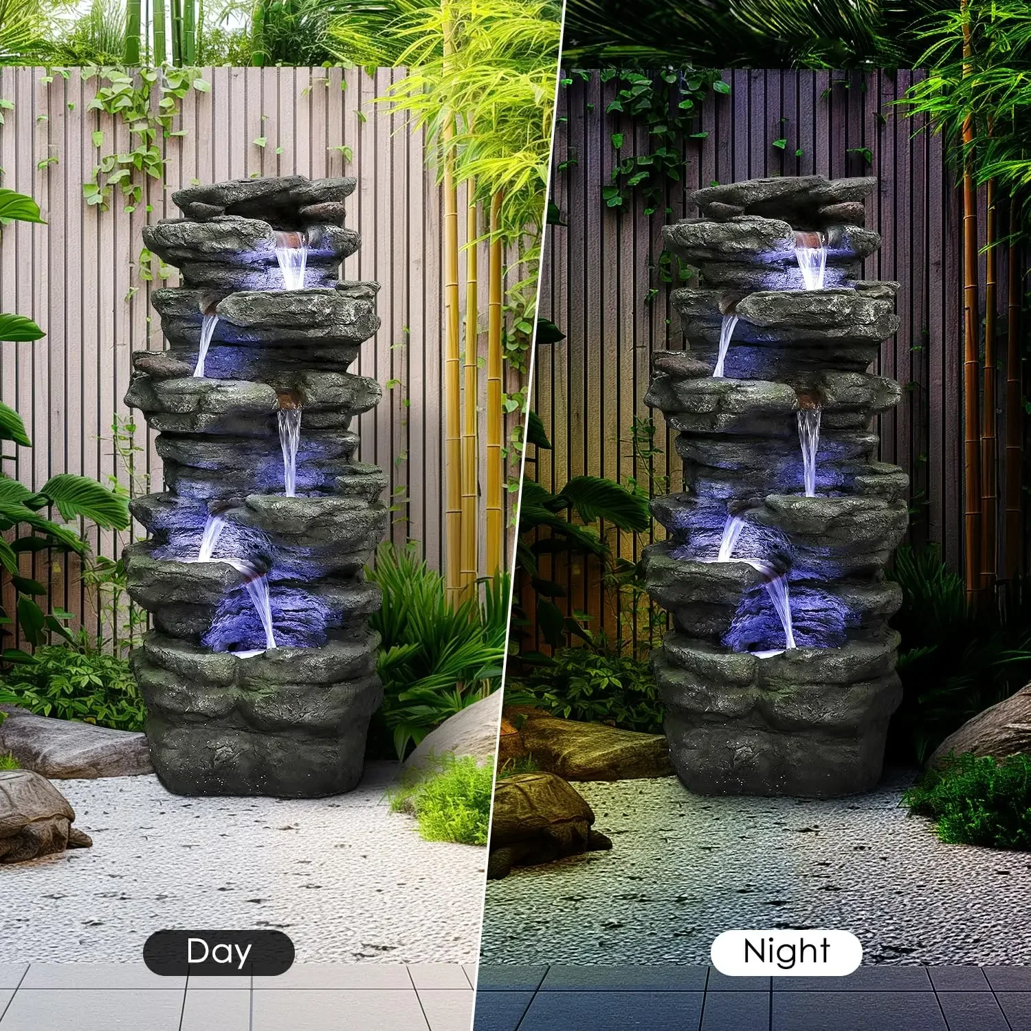 40" High 6-Tiers Cascading Rock Outdoor Water Fountain with LED Lights Yard, and Deck Decor, Featuring Natural Stone Look