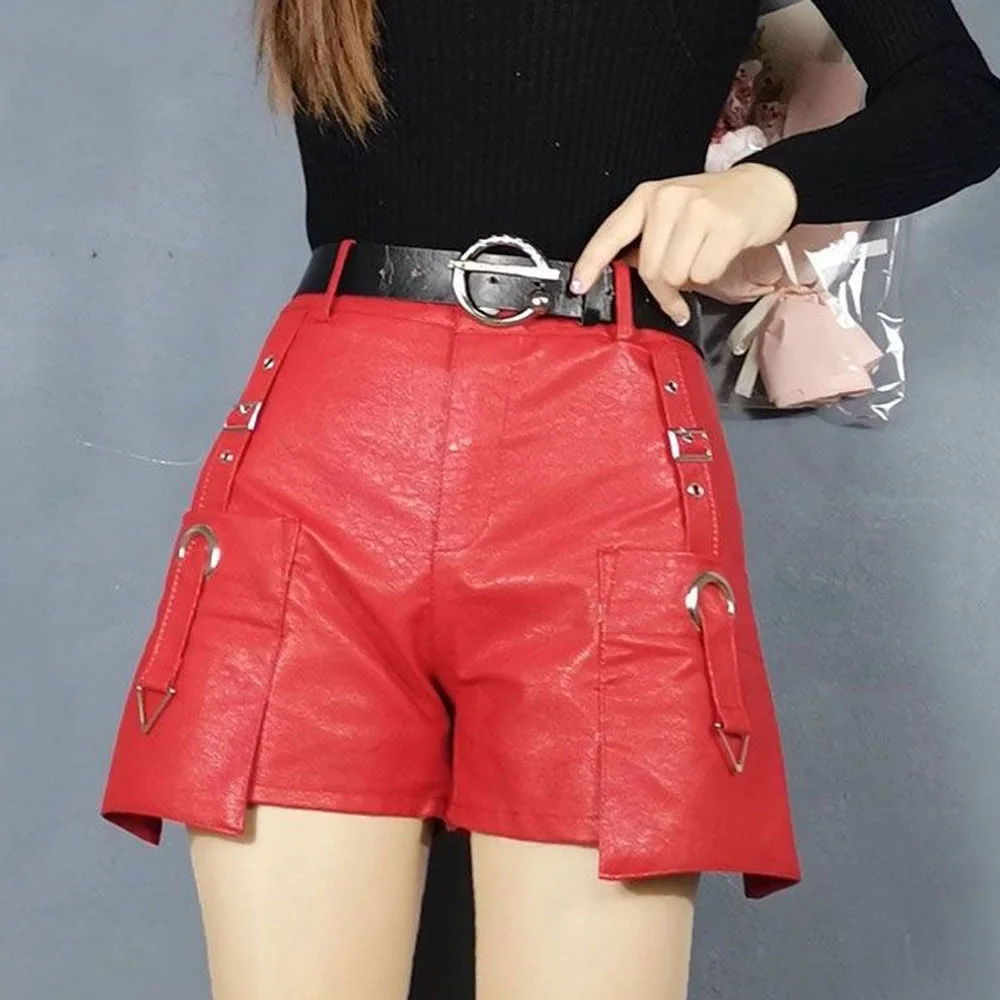 Red PU Leather Shorts Women Sexy Short Pants Fashion Punk Metal Rivet Zippers Shorts Winter Outdoor Short  Faux Leather Pants