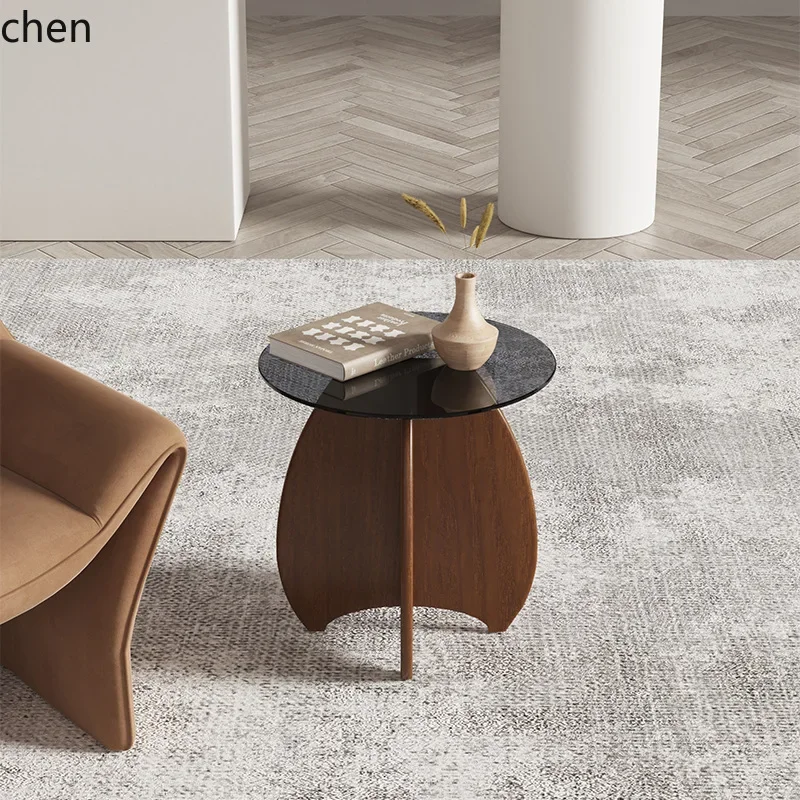 BF  Side Table Simple Small Coffee Table Tempered Glass Solid Wood Round Table Side Cabinet
