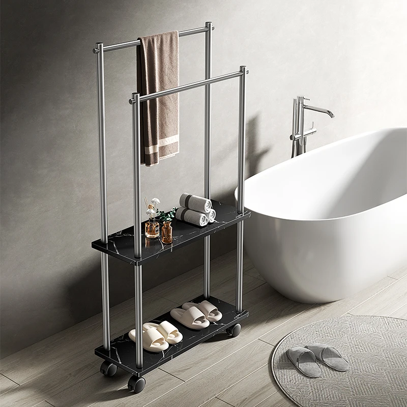 

Solid gun gray floor marble towel rack Bath towel hanger Mobile drying rack Villa towel rack Double bar
