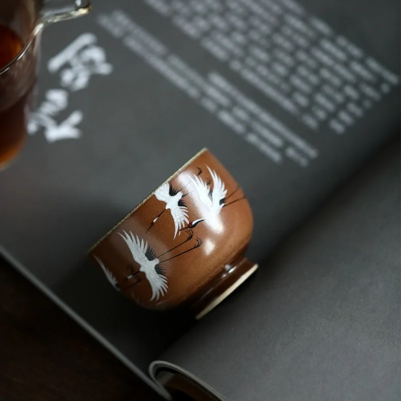 Mr. Qing Silk White Three-Dimensional Enamel Hand-Painted Crane round Melting Master Tea Cup Personal Cup Kung Fu Tea Set Teacup