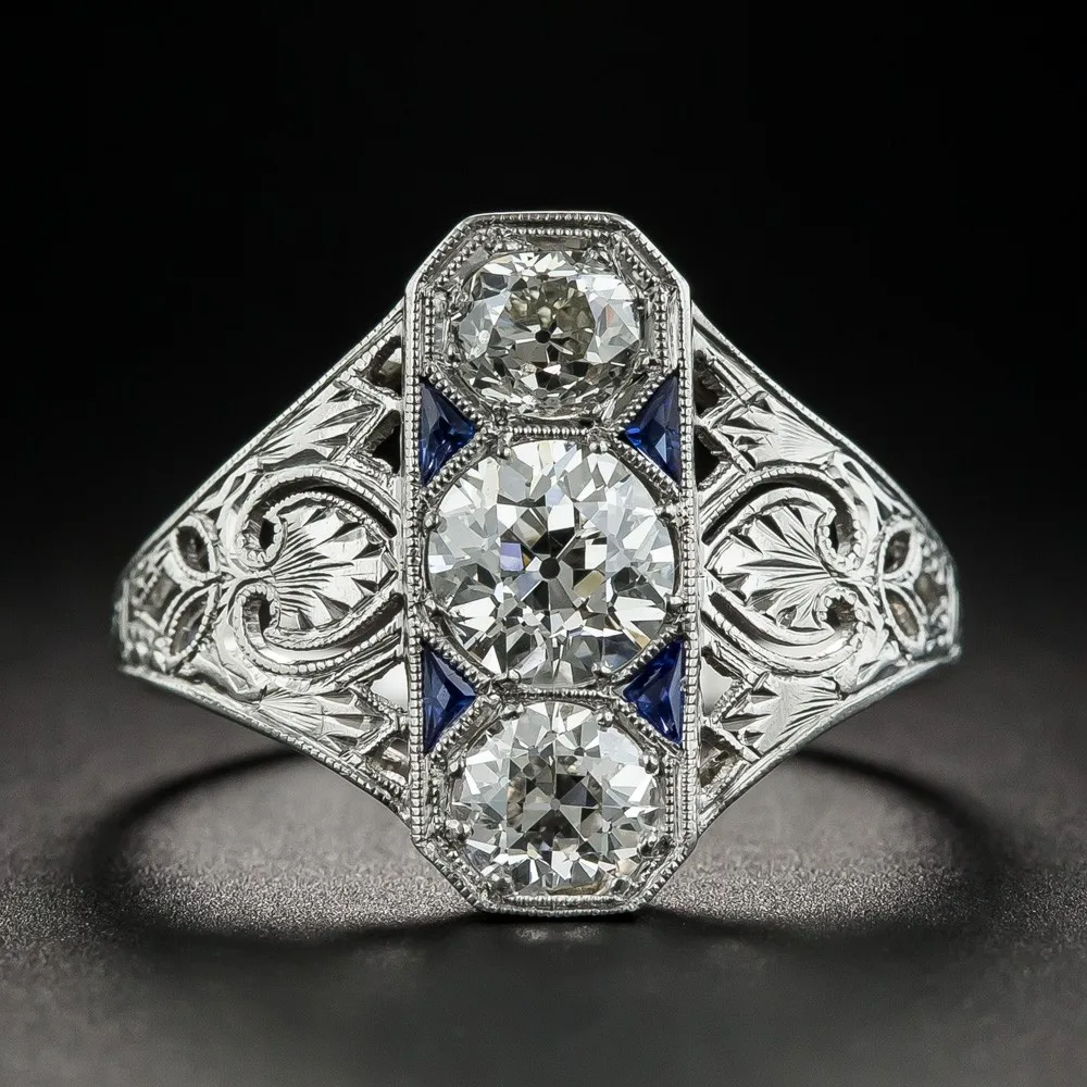 S925 Sterling Silver Ring Triangular Three Zircon Blue Gemstone Hot Selling Women Jewelry