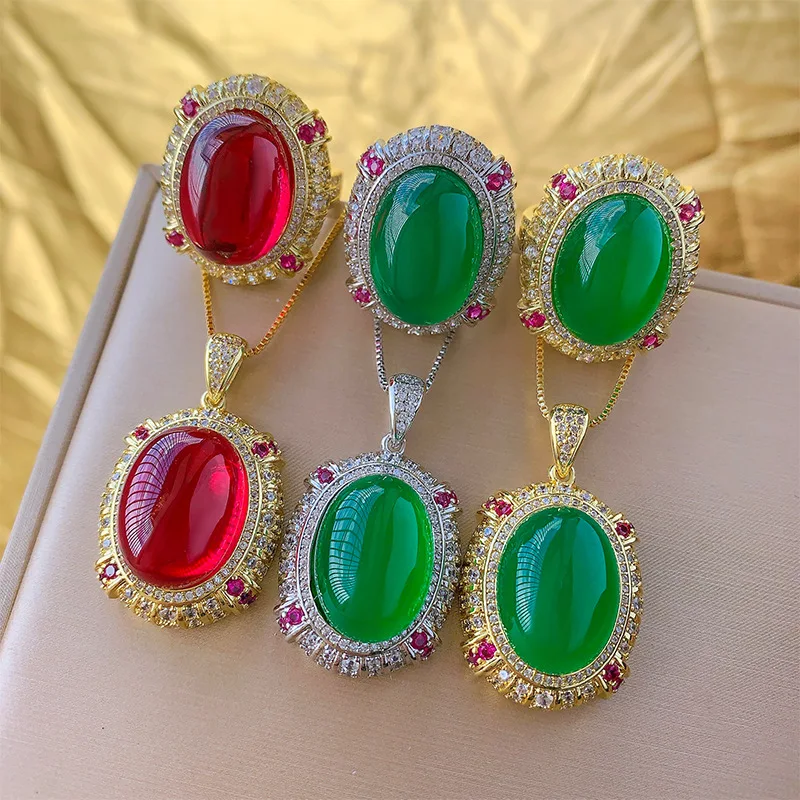 

New Jewelry Gold-Plated Green Chalcedony Ice Fluorescent Plain Vintage Set 15*20