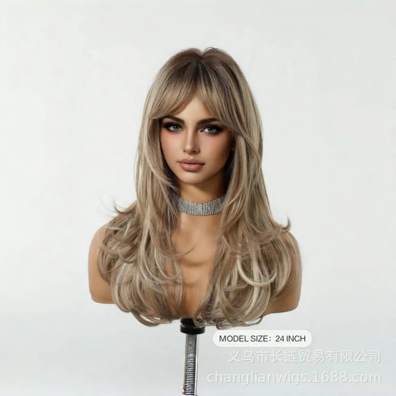 

European and American style women's wig with bangs, curly hair, natural everyday look, full head cover, heat-resistant high-temp